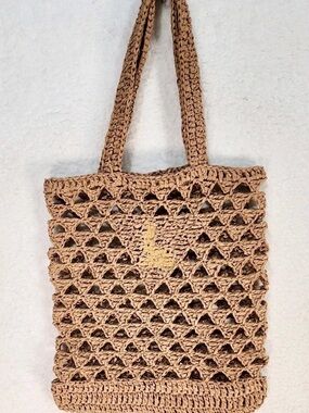 Crocheted Open-Weave Tote Bag in Natural Tan #1255